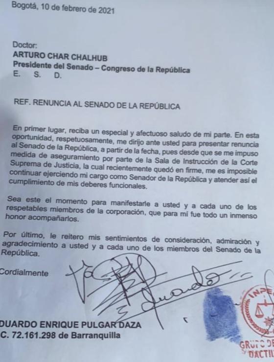 Carta de renuncia de Eduardo Pulgar Carta de renuncia de Eduardo Pulgar