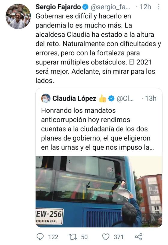 Trino de Sergio Fajardo a Claudia López Trino de Sergio Fajardo a Claudia López