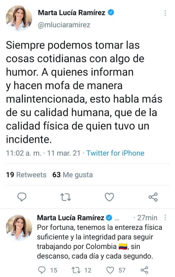 La respuesta de Marta Lucía Ramírez a quienes se burlan de su caída La respuesta de Marta Lucía Ramírez a quienes se burlan de su caída