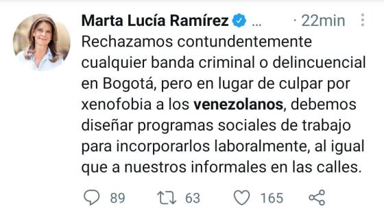 El mensaje de Marta Lucía Ramírez a Claudia López sobre xenofobia El mensaje de Marta Lucía Ramírez a Claudia López sobre xenofobia