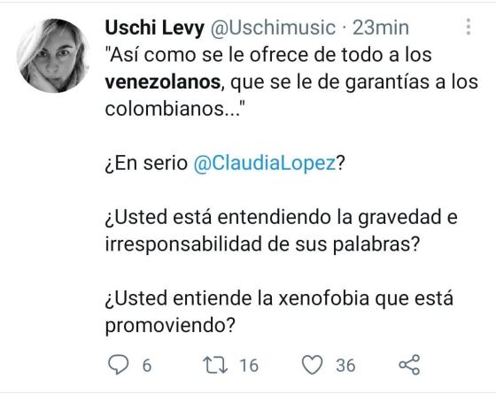 mensajes a Claudia López sobre xenofobia mensajes a Claudia López sobre xenofobia