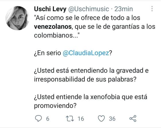 mensajes a Claudia López sobre xenofobia