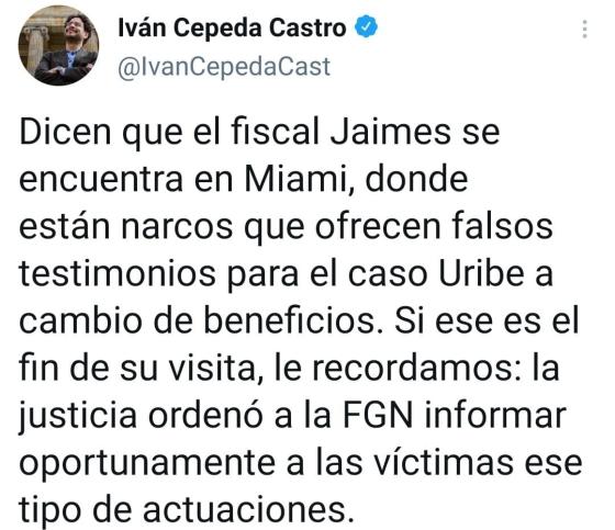 Viaje del fiscal Gabriel Jaimes a Estados Unidos inquieta a Iván Cepeda Viaje del fiscal Gabriel Jaimes a Estados Unidos inquieta a Iván Cepeda