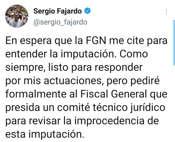 Reacción de Sergio Fajardo tras conocer la imputación en su contra Reacción de Sergio Fajardo tras conocer la imputación en su contra