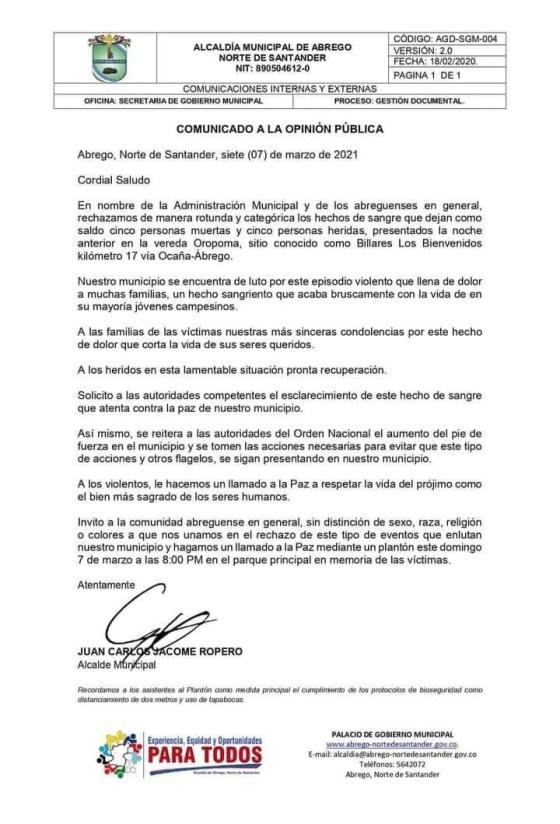comunicado alcalde Ábrego comunicado alcalde Ábrego