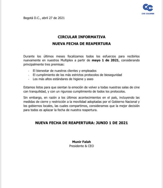 Cine Colombia cambia la fecha para la reapertura de sus cinemas Cine Colombia cambia la fecha para la reapertura de sus cinemas