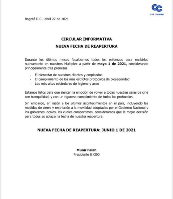 Cine Colombia cambia la fecha para la reapertura de sus cinemas