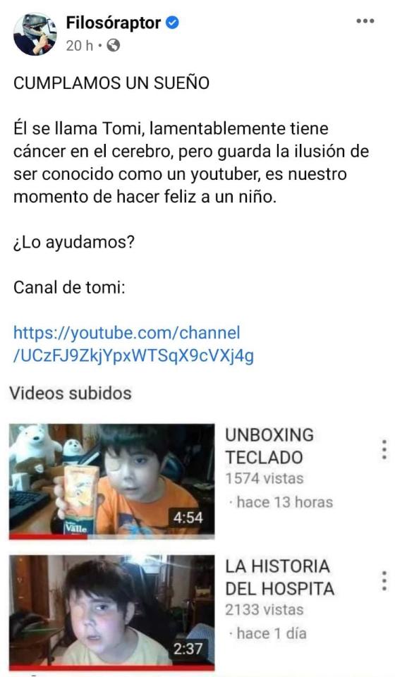 Tomi, el niño con cáncer que cumplió su sueño de ser youtuber