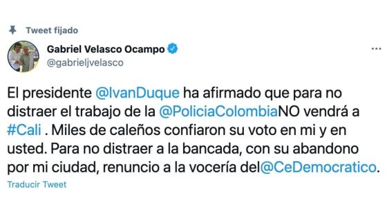 Gabriel Velasco renuncia a la vocería de Centro Democrático