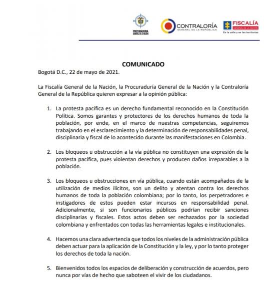 Fiscalía, Procuraduría y Contraloría unidas en rechazo a bloqueos en el paro Fiscalía, Procuraduría y Contraloría unidas en rechazo a bloqueos en el paro