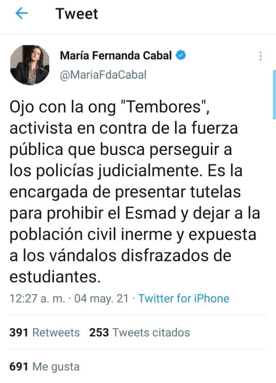María Fernanda Cabal caldeó los ánimos con trinos sobre ONG Temblores