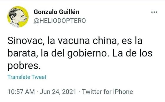 Gonzalo Guillén afirma que Sinovac es la vacuna de los pobres. Twitter Gonzalo Guillén