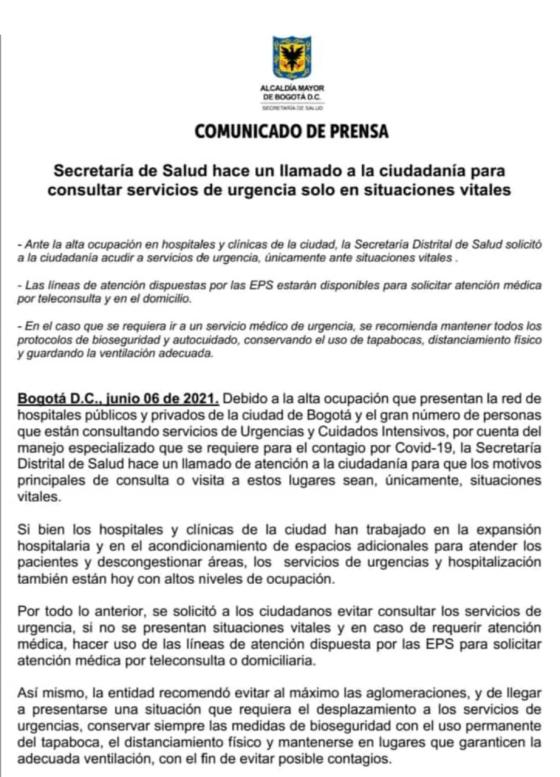 Alcaldía hace llamado a bogotanos para ir a hospitales solo en emergencias Alcaldía hace llamado a bogotanos para ir a hospitales solo en emergencias