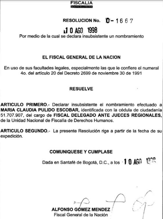 María Claudia Pulido, de la CIDH, fue declarada insubsistente por la Fiscalía María Claudia Pulido, de la CIDH, fue declarada insubsistente por la Fiscalía
