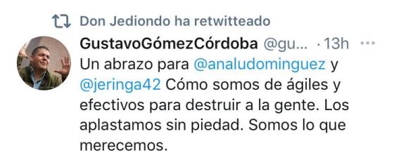 Tuit del periodista Gustavo Gómez Córdoba sobre Jeringa. Tuit del periodista Gustavo Gómez Córdoba