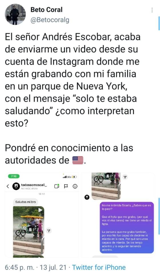 Beto Coral denuncia seguimientos por parte de Andrés Escobar Beto Coral denuncia seguimientos por parte de Andrés Escobar