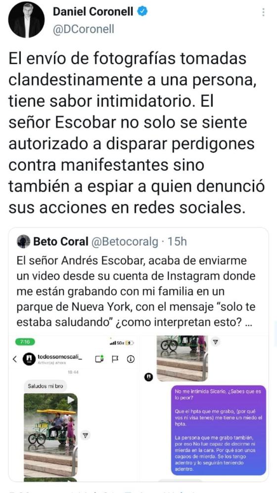 Beto Coral denuncia seguimientos por parte de Andrés Escobar