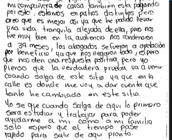 Una interna del Buen Pastor cuenta su historia personal. Fragmento de carta del Buen Pastor.