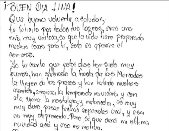 Una de las internas del Buen Pastor cuenta sus experiencias en la cárcel. Fragmento de carta del Buen Pastor.