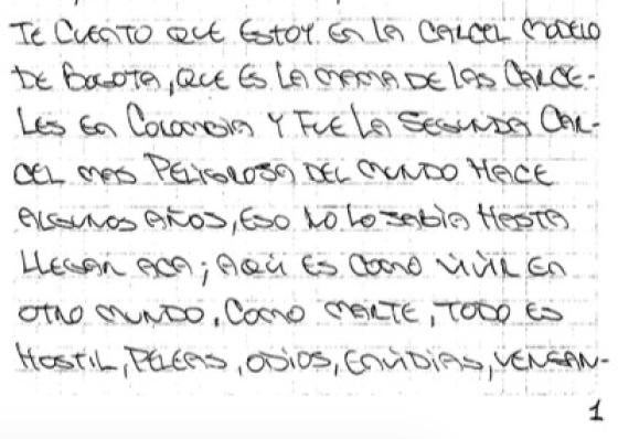 Interno de La Modelo cuenta su percepción tras llegar a la cárcel. Fragmento de carta de La Modelo.