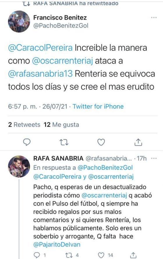 Rifirrafe entre Óscar Rentería y Rafael Sanabria sobre arbitraje en el FPC