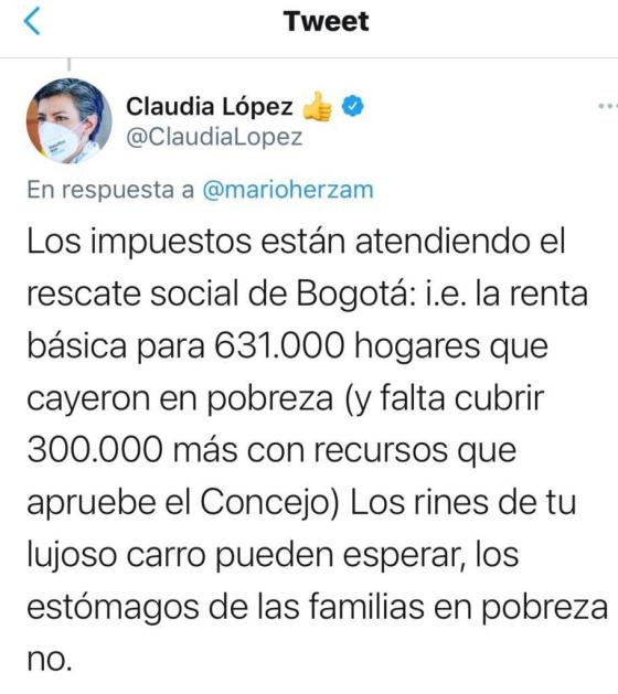 Claudia López responde a Mario Hernández por cuestionamientos sobre malla vial de Bogotá. Tuit borrado de Claudia López.