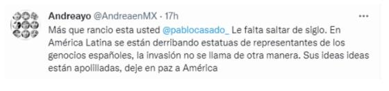 En América y gran parte del mundo están empezando a tumbar estatuas como una forma de reivindicación histórica. Usuaria de Twitter responde a Pablo Casado.