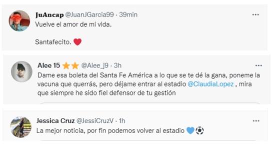 Usuarios en Twitter celebran poder regresar a apoyar en sus equipos. Tuiteros sobre reapertura de estadios.