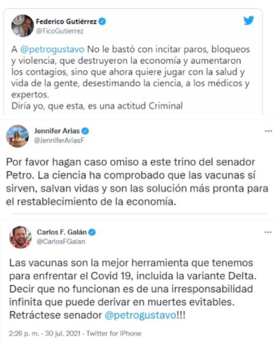 Políticos rechazan trino de Gustavo Petro sobre variante Delta. Senadores se pronuncian sobre tuit de Gustavo Petro.