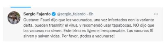 Sergio Fajardo rechaza las palabras de Petro sobre las vacunas. Sergio Fajardo sobre trino de Petro de la variante Delta.