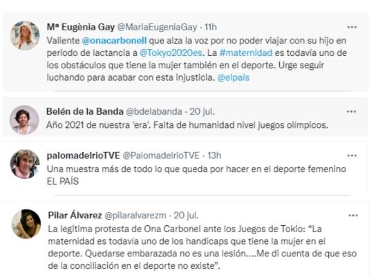 Algunas mujeres se han pronunciado sobre las denuncias de las atletas olímpicas. Tuits sobre discriminación contra madres en Tokio.