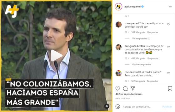 En Instragram sus declaraciones también fueron rechazadas por los internautas. Pablo Casado en Instagram de Al jazeera.
