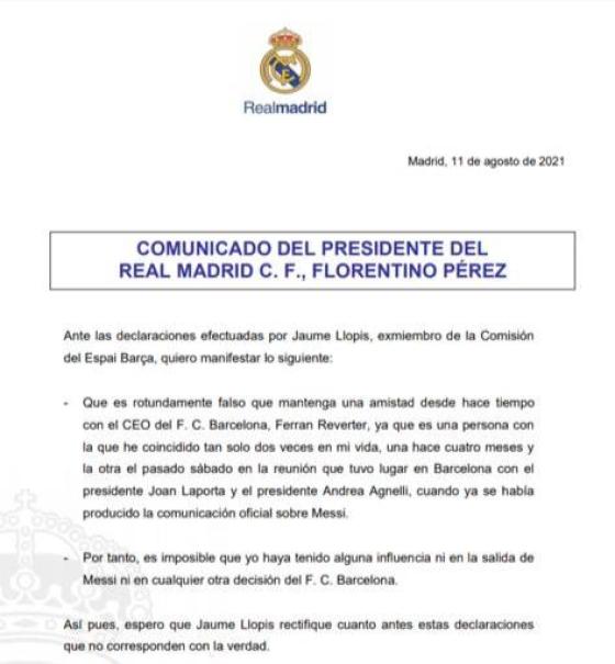 Florentino Pérez se defiende tras acusaciones sobre salida de Lionel Messi
