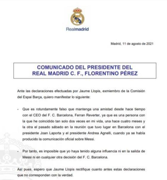 Florentino Pérez se defiende tras acusaciones sobre salida de Lionel Messi Florentino Pérez se defiende tras acusaciones sobre salida de Lionel Messi