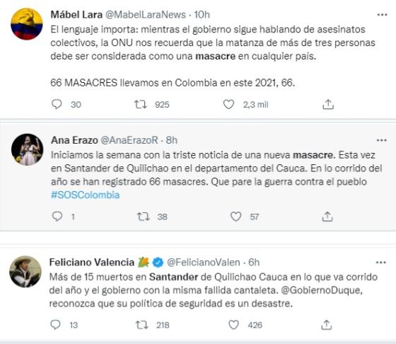Reacciones a la masacre en el Cauca. Las reacciones la masacre de Santander de Quilichao.