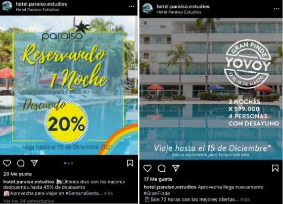 El Hotel Paraíso Estudios tenía promociones para reservar viajes hasta para diciembre de 2021. En Instagram, el hotel de Gustavo Bolívar publicó una serie de promociones en marzo.