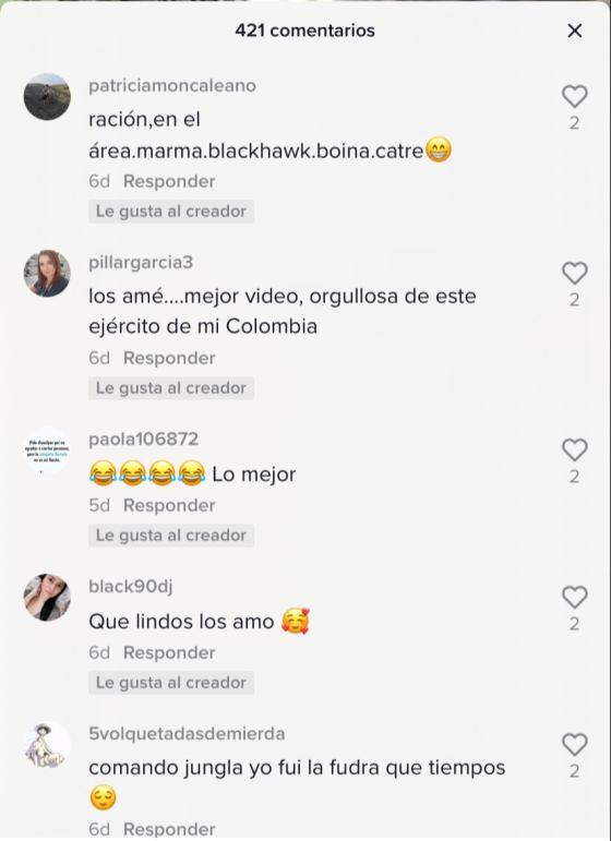 La publicación más viral del TikTok tiene más de 160 mil reproducciones. Los comentarios de la publicación más viral del TikTok del Ejército Nacional.