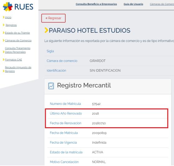 El último año de renovación de la matrícula mercantil fue 2018. 