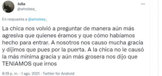 El primer acto de clasismo llegó por parte del personal del lugar. Tuitera denuncia clasismo en bar de Alejandro Riaño 3.