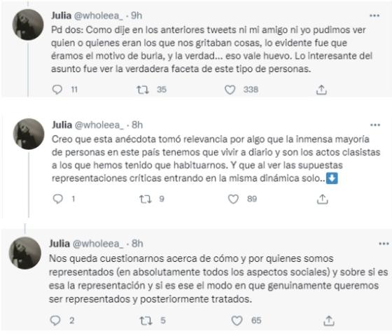 La tuitera denunciante reflexiona sobre lo acontecido en el bar de Alejandro Riaño. Tuitera denuncia clasismo en bar de Alejandro Riaño 4.