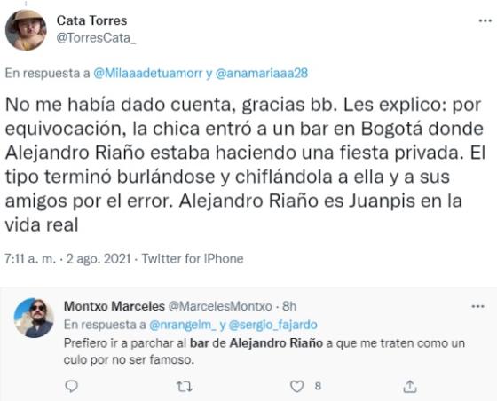 Algunos tuiteros condenan caso de clasismo en bar de Alejandro Riaño. Tuiteros reaccionan a caso de discriminación en bar de Alejandro Riaño.