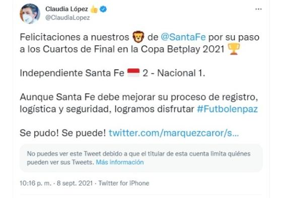 Críticas a Claudia López tras partido de Santa Fe vs. Atlético Nacional