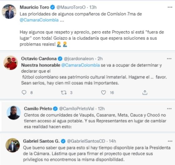 Reacciones políticas a establecer el fútbol colombiano como patrimonio cultural e inmaterial de la nación. Políticos rechazaron establecer al fútbol colombiano como patrimonio cultural e inmaterial de la nación.