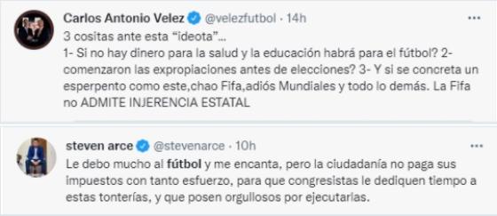 Steven Arce y Carlos Antonio Vélez rechazaron el proyecto de ley que busca establecer al fútbol colombiano como patrimonio cultural e inmaterial de la nación. Periodistas deportivos se pronunciaron sobre proyecto de ley que busca establecer al fútbol colombiano como patrimonio cultural e inmaterial de la nación.
