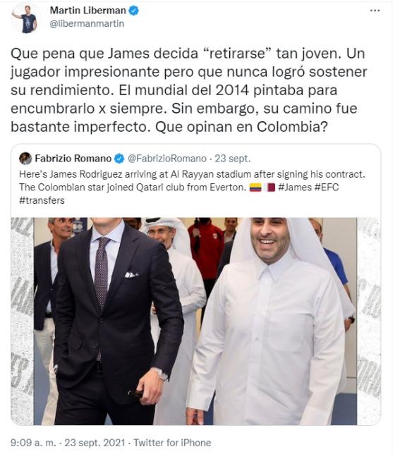 Periodistas que han retirado a James Rodríguez en Catar
