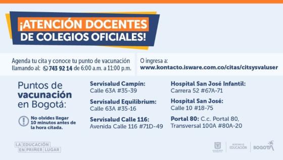 Puntos de vacunación para docentes en Bogotá. Vacunación docente en Bogotá.
