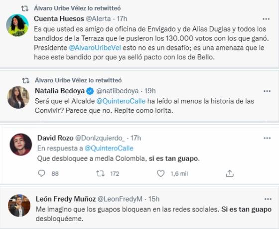 Reacciones a la pelea entre Daniel Quintero y Álvaro Uribe por la seguridad en Medellín. Reacciones a la pelea entre Daniel Quintero y Álvaro Uribe.