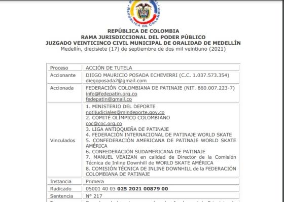 Imagen sentencia Diego Posada tutela fedepatín Imagen sentencia Diego Posada tutela fedepatín
