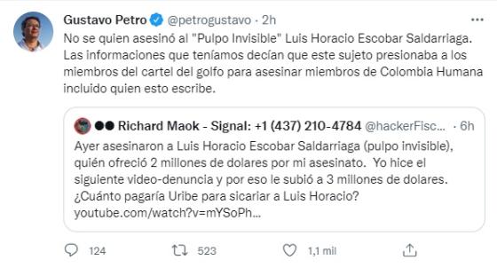 Reacciones de Petro y Uribe al asesinato de Luis Horacio Escobar, 'Pulpo Invisible' Reacciones de Petro y Uribe al asesinato de Luis Horacio Escobar, 'Pulpo Invisible'