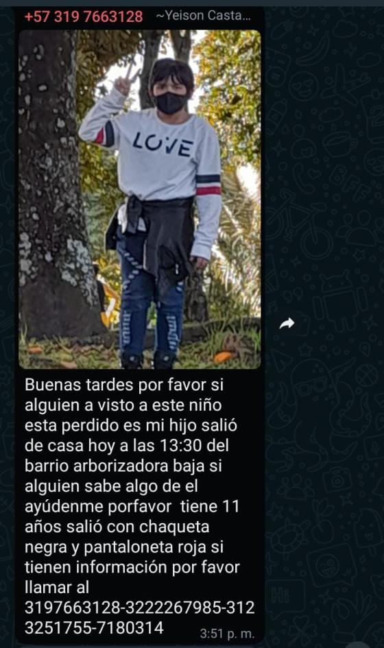 Se busca niño desaparecido en Bogotá Se busca niño desaparecido en Bogotá